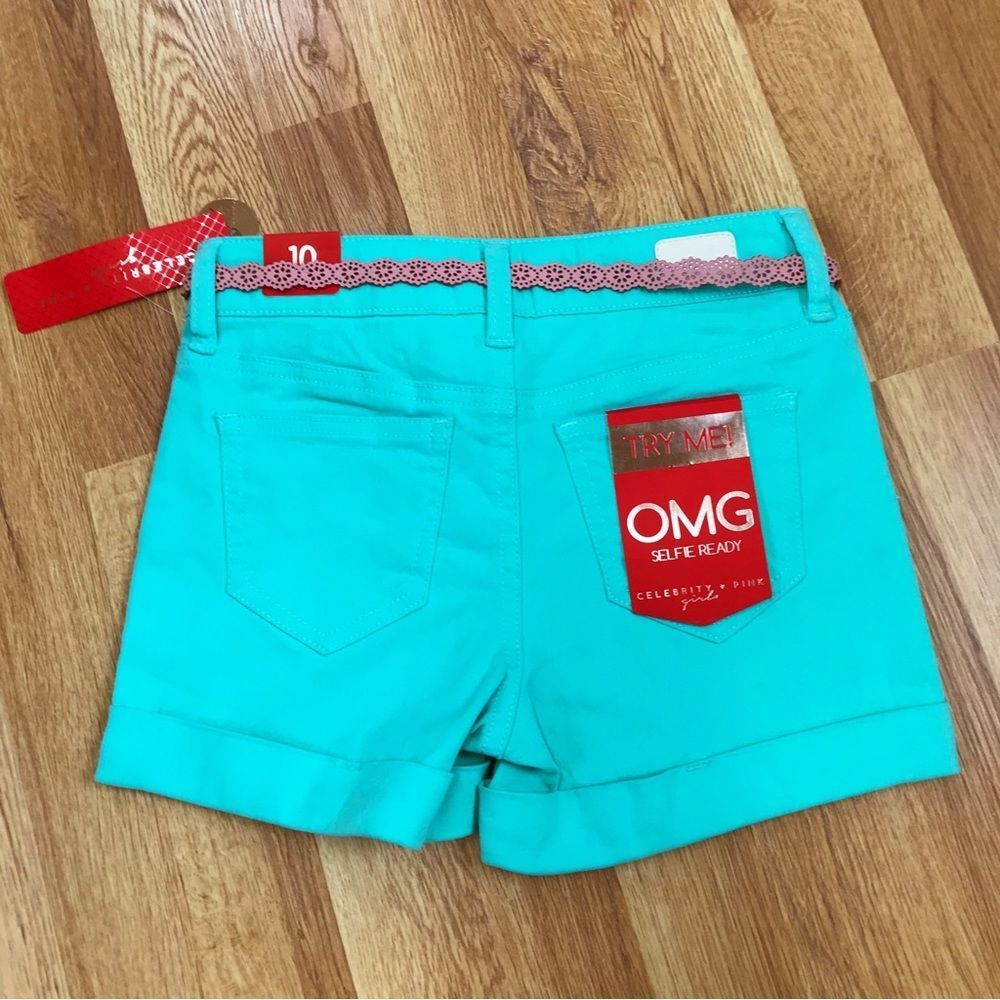 CELEBRITY PINK Girls Turquoise Aqua Cuffed Shorts‎ With Pink Belt Size 10 New - Picture 2 of 6